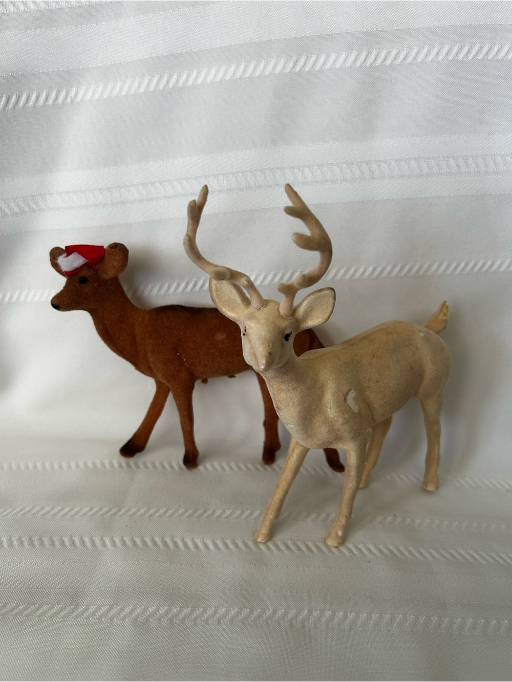 Set of 2 Vintage Flocked Reindeer White Brown Red Santa Hat Christmas Home Decor